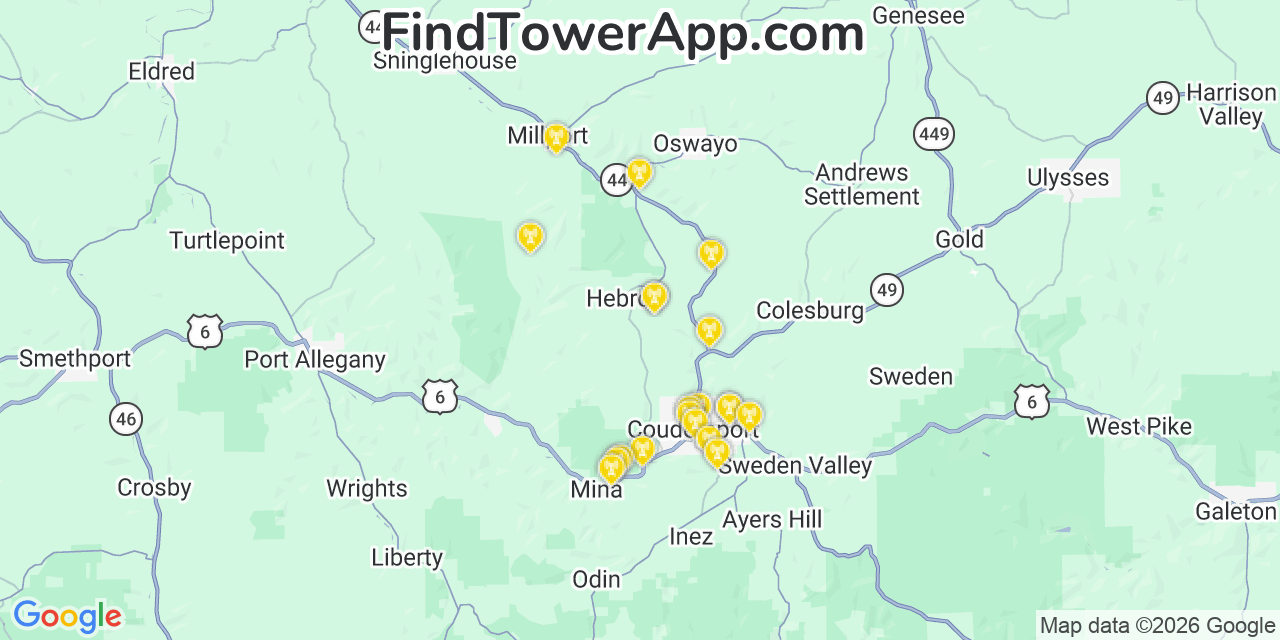 Map showing the 20 primary cell tower locations detected in Hebron, Pennsylvania from AT&T, Verizon, and T-Mobile networks