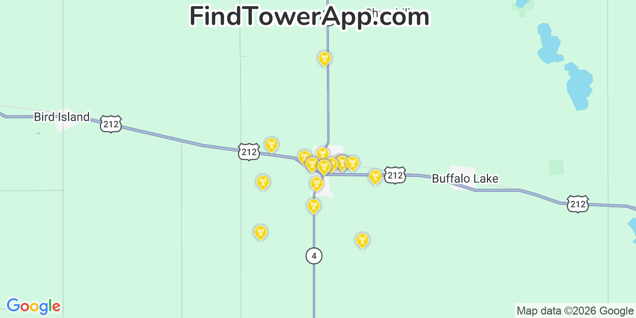 Map showing the 20 primary cell tower locations detected in Hector, Minnesota from AT&T, Verizon, and T-Mobile networks