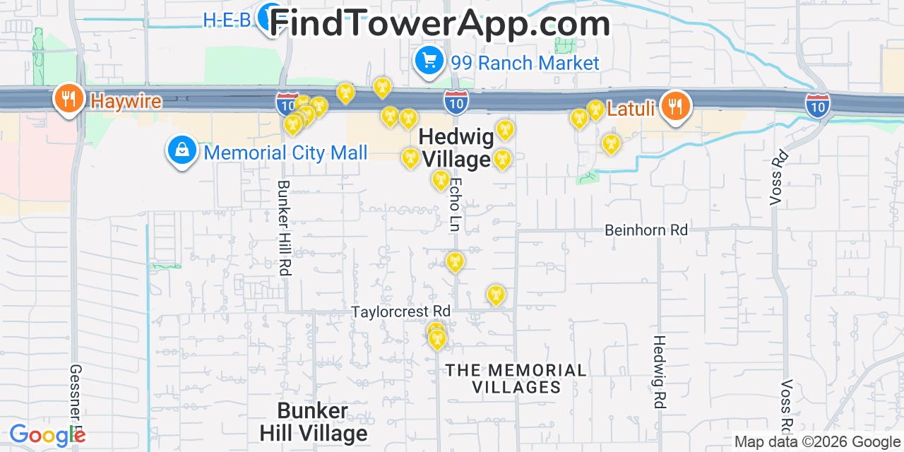 Map showing the 20 primary cell tower locations detected in Hedwig Village, Texas from AT&T, Verizon, and T-Mobile networks