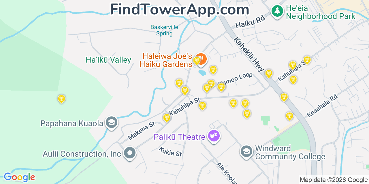 Map showing the 20 primary cell tower locations detected in Heeia, Hawaii from AT&T, Verizon, and T-Mobile networks