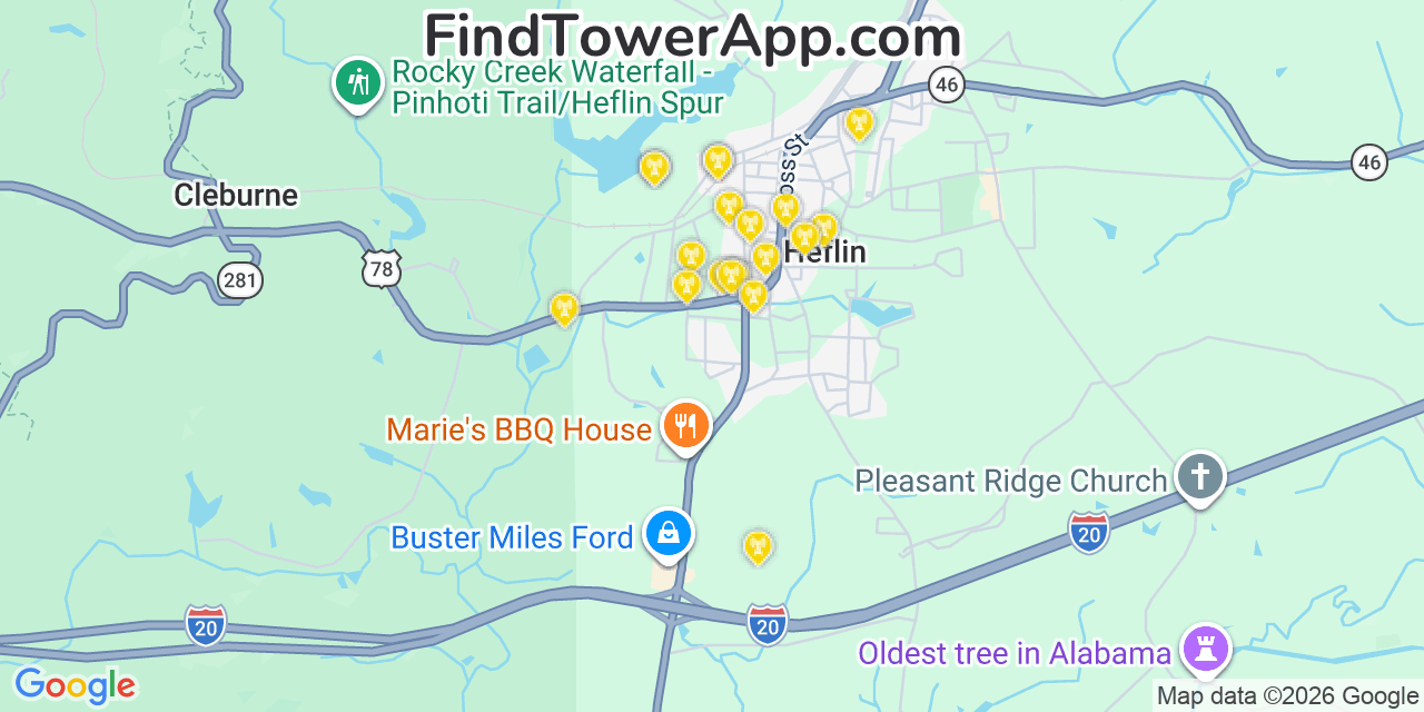 Map showing the 20 primary cell tower locations detected in Heflin, Alabama from AT&T, Verizon, and T-Mobile networks