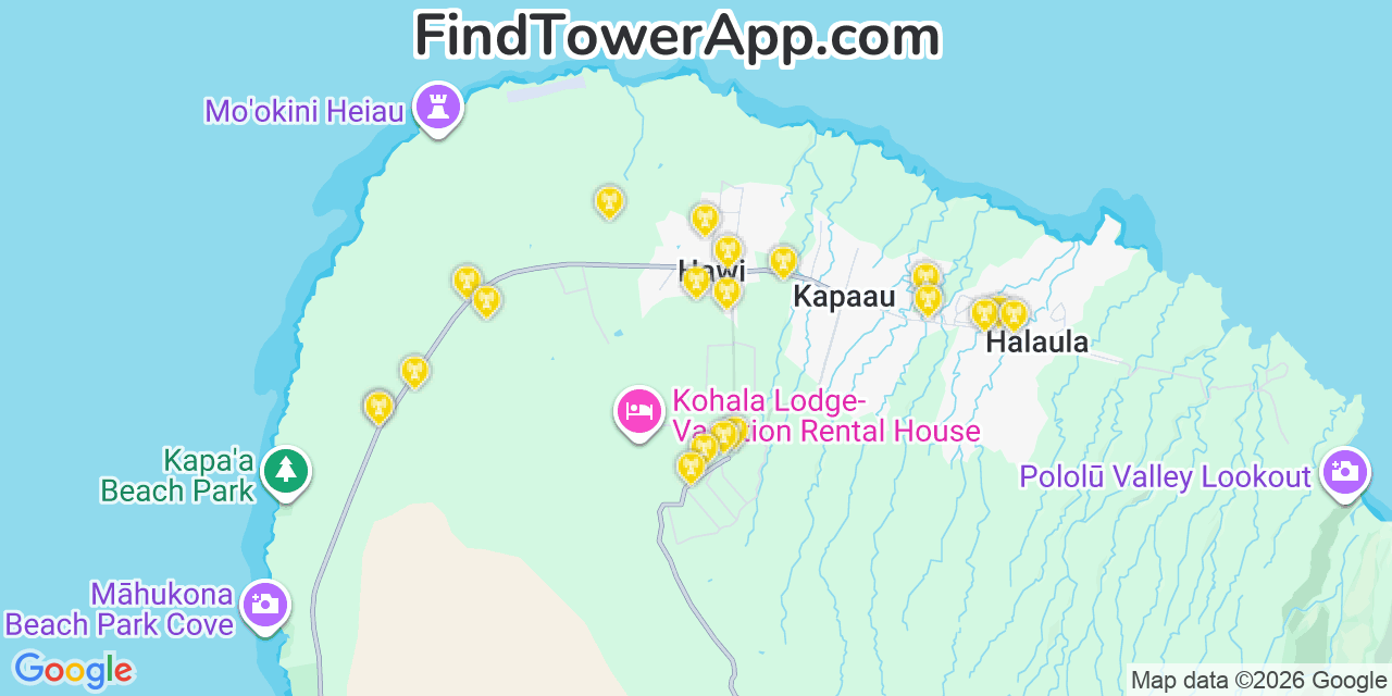 Map showing the 20 primary AT&T cell tower locations detected in Heï¿½Eia, Hawaii with coverage radius and signal strength indicators
