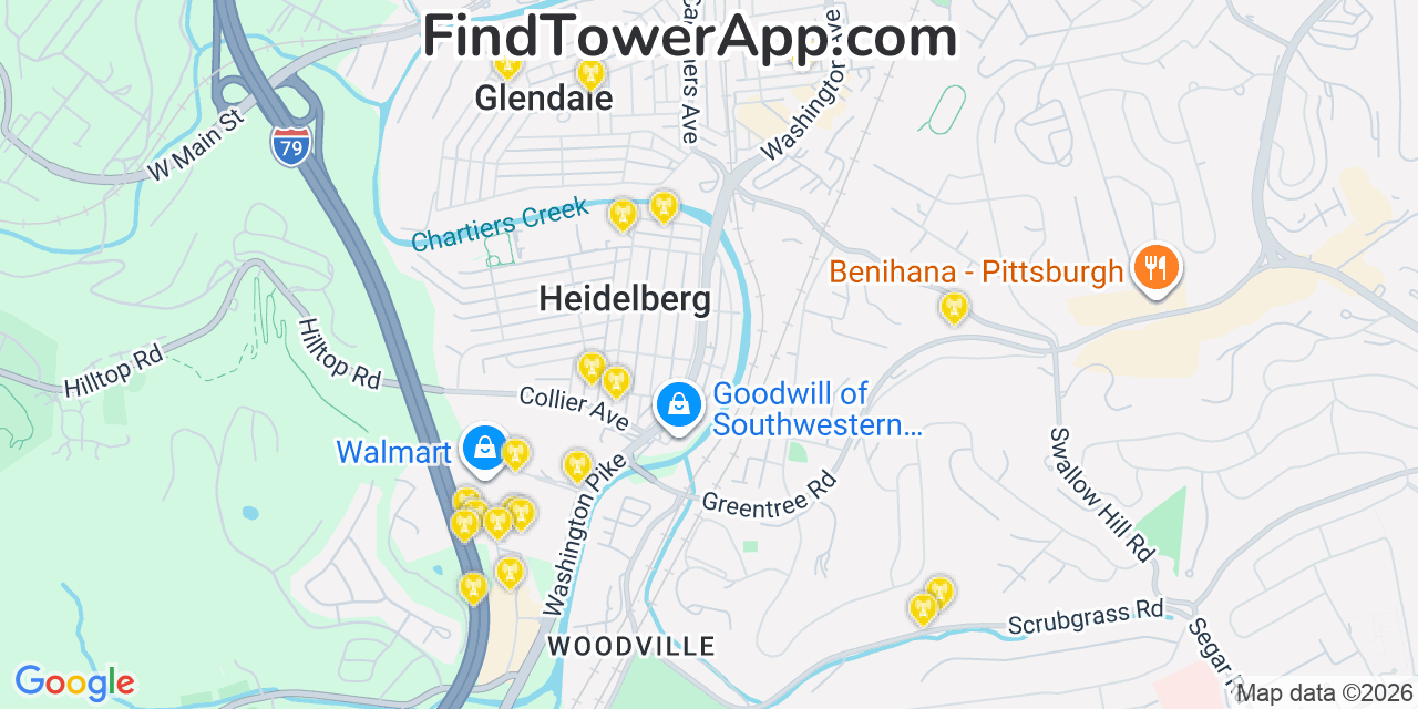 Map showing the 20 primary cell tower locations detected in Heidelberg, Pennsylvania from AT&T, Verizon, and T-Mobile networks