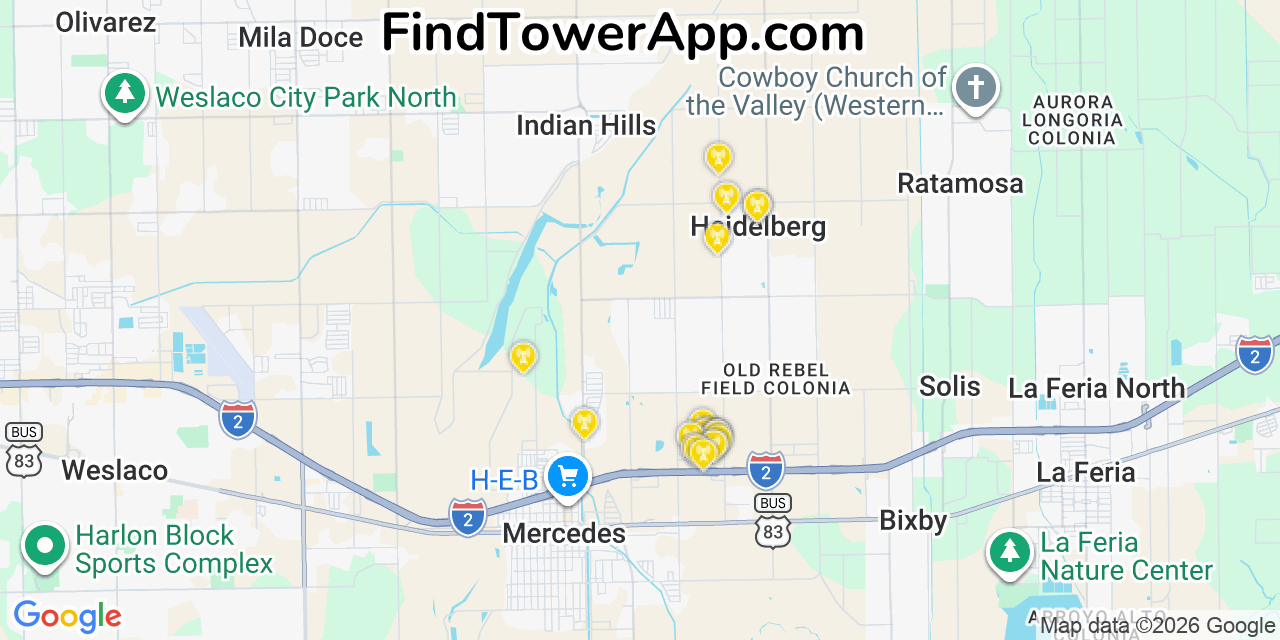 Map showing the 20 primary cell tower locations detected in Heidelberg, Texas from AT&T, Verizon, and T-Mobile networks