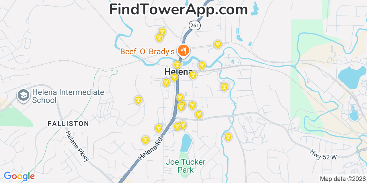 Map showing the 20 primary cell tower locations detected in Helena, Alabama from AT&T, Verizon, and T-Mobile networks