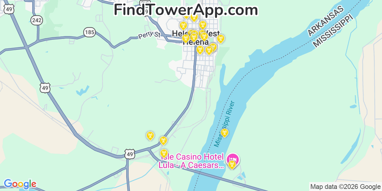 Map showing the 20 primary cell tower locations detected in Helena, Arkansas from AT&T, Verizon, and T-Mobile networks