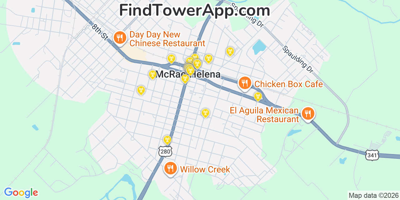 Map showing the 20 primary cell tower locations detected in Helena, Georgia from AT&T, Verizon, and T-Mobile networks