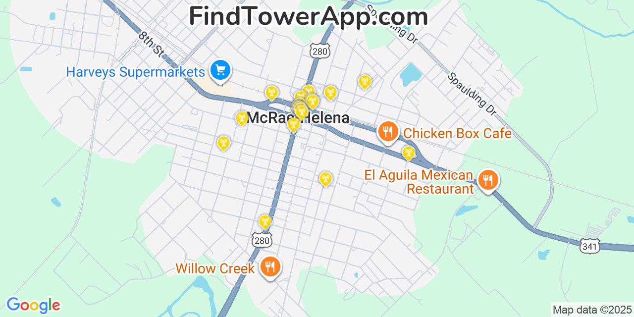 Map showing the 20 primary Mobitel cell tower locations detected in Helena, Georgia with coverage radius and signal strength indicators
