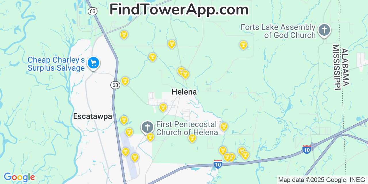 Map showing the 20 primary cell tower locations detected in Helena, Mississippi from AT&T, Verizon, and T-Mobile networks