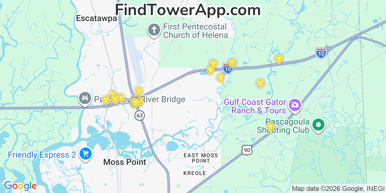 Map showing the 20 primary cell tower locations detected in Helena, Mississippi from AT&T, Verizon, and T-Mobile networks