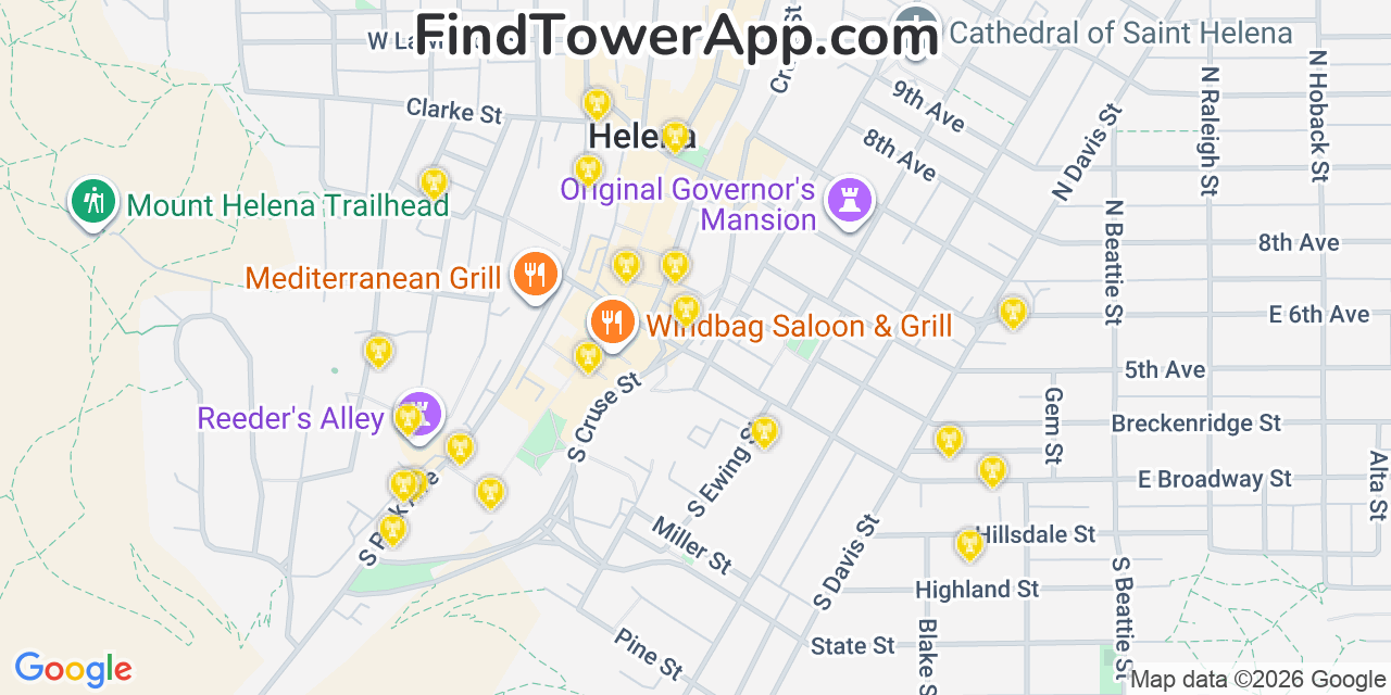 Map showing the 20 primary cell tower locations detected in Helena, Montana from AT&T, Verizon, and T-Mobile networks
