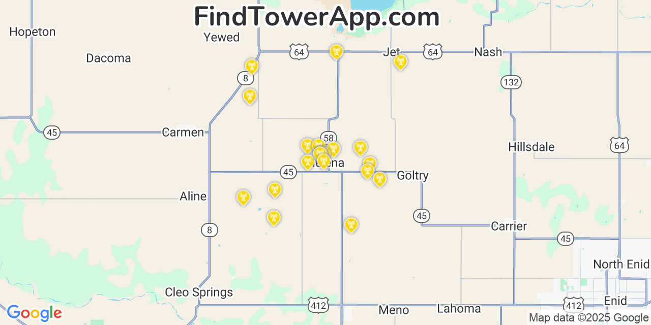 Map showing the 20 primary cell tower locations detected in Helena, Oklahoma from AT&T, Verizon, and T-Mobile networks