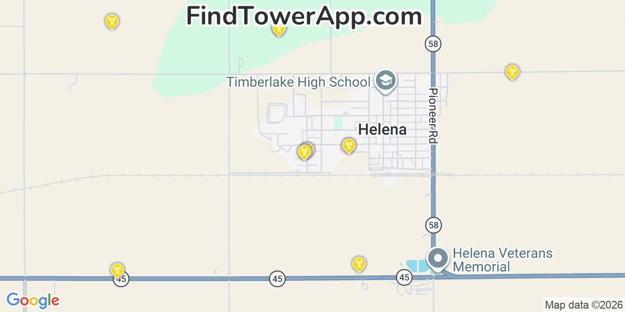 Map showing the 20 primary cell tower locations detected in Helena, Oklahoma from AT&T, Verizon, and T-Mobile networks