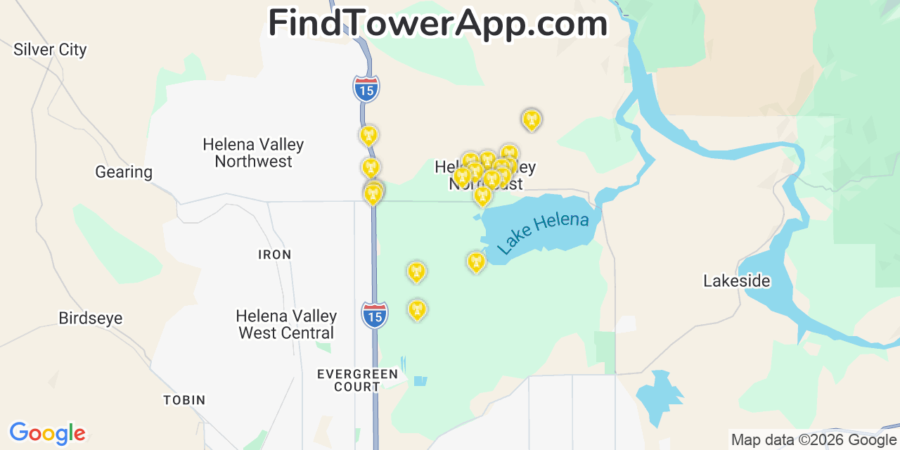Map showing the 20 primary cell tower locations detected in Helena Valley Northeast, Montana from AT&T, Verizon, and T-Mobile networks