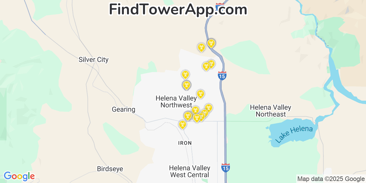 Map showing the 20 primary cell tower locations detected in Helena Valley Northwest, Montana from AT&T, Verizon, and T-Mobile networks