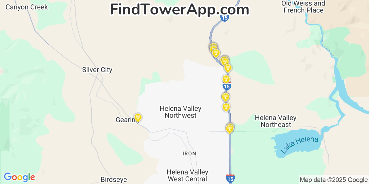Map showing the 20 primary cell tower locations detected in Helena Valley Northwest, Montana from AT&T, Verizon, and T-Mobile networks