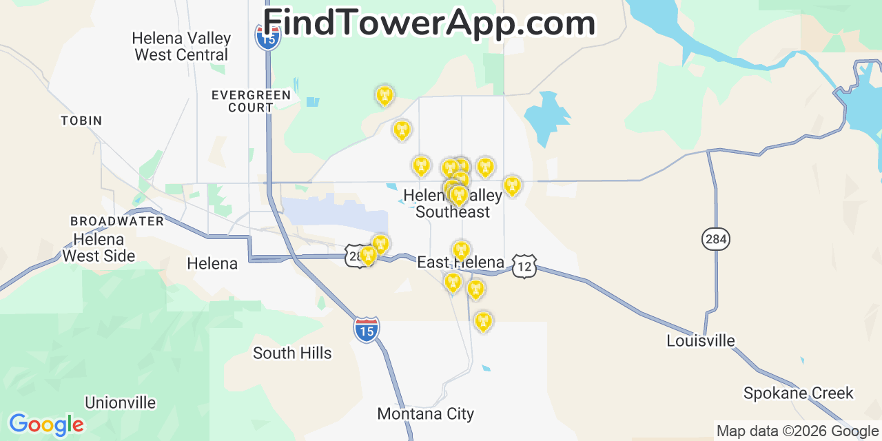 Map showing the 20 primary cell tower locations detected in Helena Valley Southeast, Montana from AT&T, Verizon, and T-Mobile networks