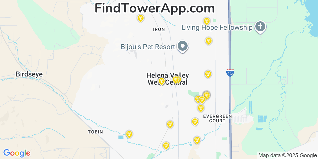 Map showing the 20 primary cell tower locations detected in Helena Valley West Central, Montana from AT&T, Verizon, and T-Mobile networks