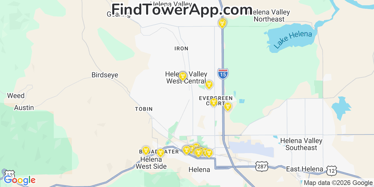 Map showing the 20 primary cell tower locations detected in Helena Valley West Central, Montana from AT&T, Verizon, and T-Mobile networks