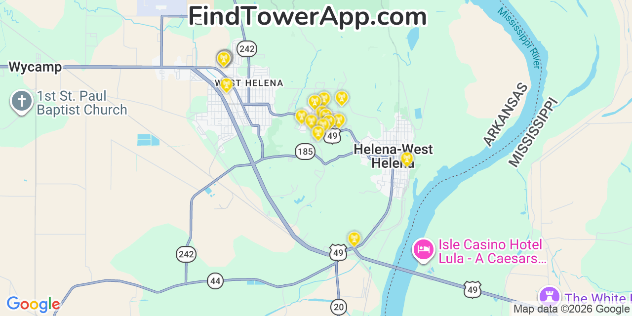 Map showing the 20 primary cell tower locations detected in Helena West Helena, Arkansas from AT&T, Verizon, and T-Mobile networks