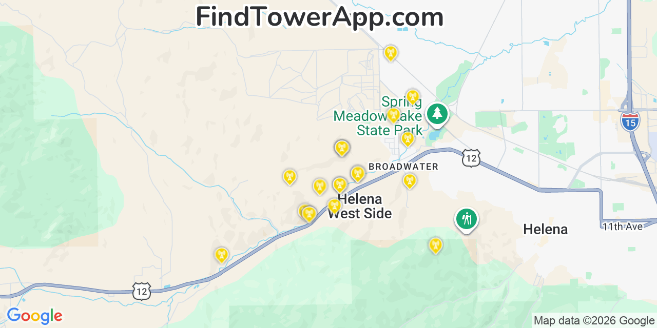 Map showing the 20 primary cell tower locations detected in Helena West Side, Montana from AT&T, Verizon, and T-Mobile networks