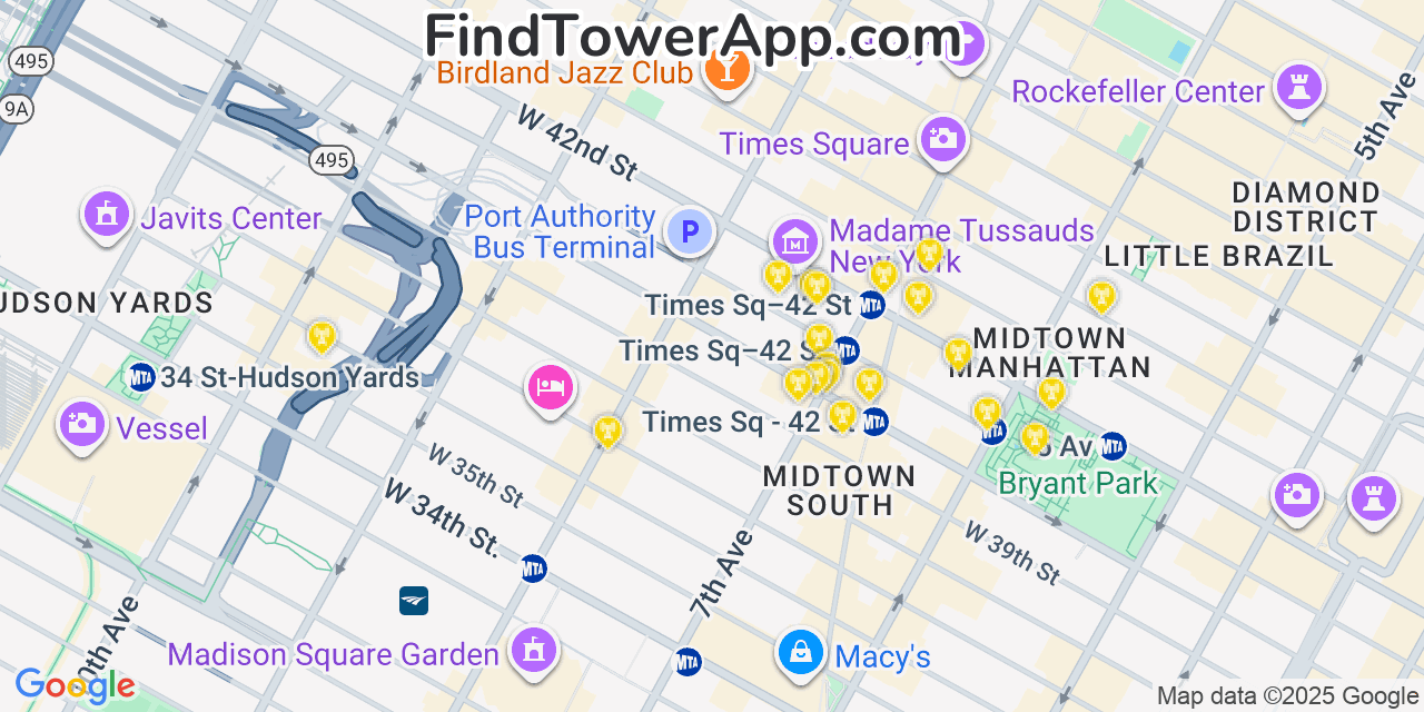 Map showing the 20 primary AT&T cell tower locations detected in Hell S Kitchen, New York with coverage radius and signal strength indicators