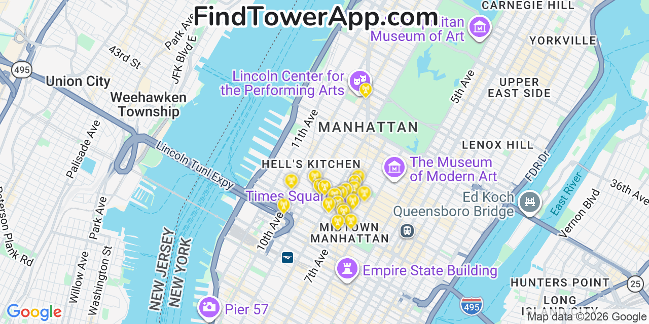 Map showing the 20 primary cell tower locations detected in Hell S Kitchen, New York from AT&T, Verizon, and T-Mobile networks