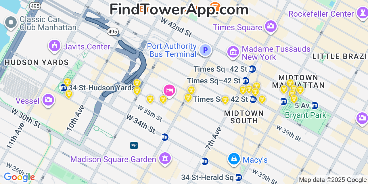 Map showing the 20 primary T-Mobile cell tower locations detected in Hell S Kitchen, New York with coverage radius and signal strength indicators