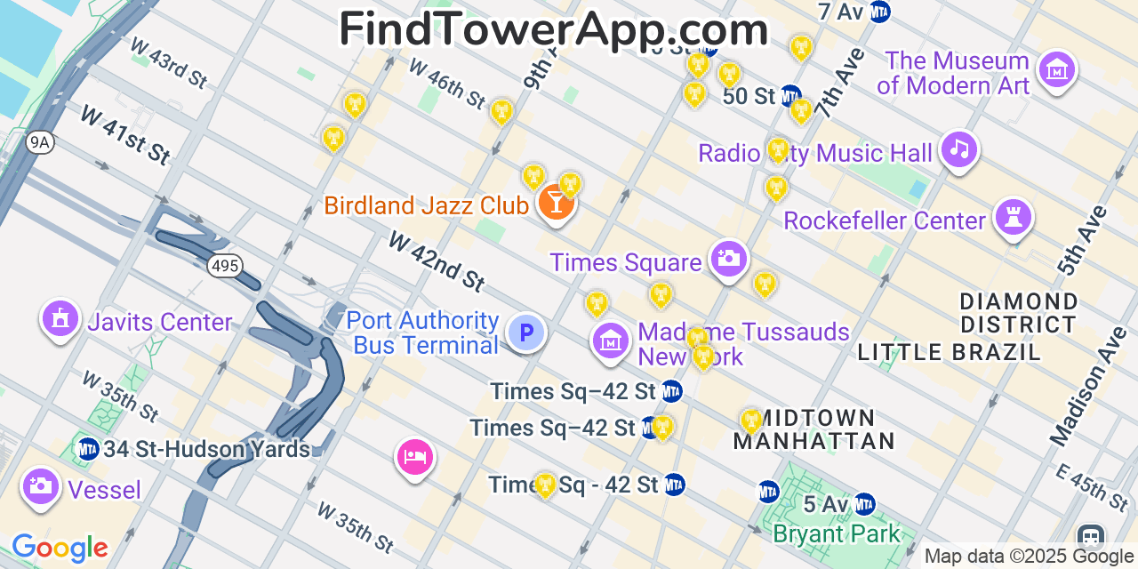Map showing the 20 primary Verizon cell tower locations detected in Hell S Kitchen, New York with coverage radius and signal strength indicators
