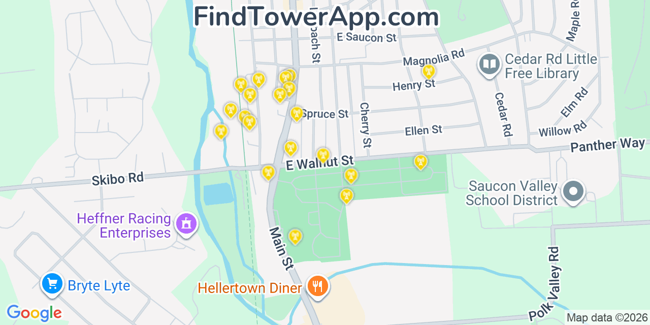 Map showing the 20 primary cell tower locations detected in Hellertown, Pennsylvania from AT&T, Verizon, and T-Mobile networks