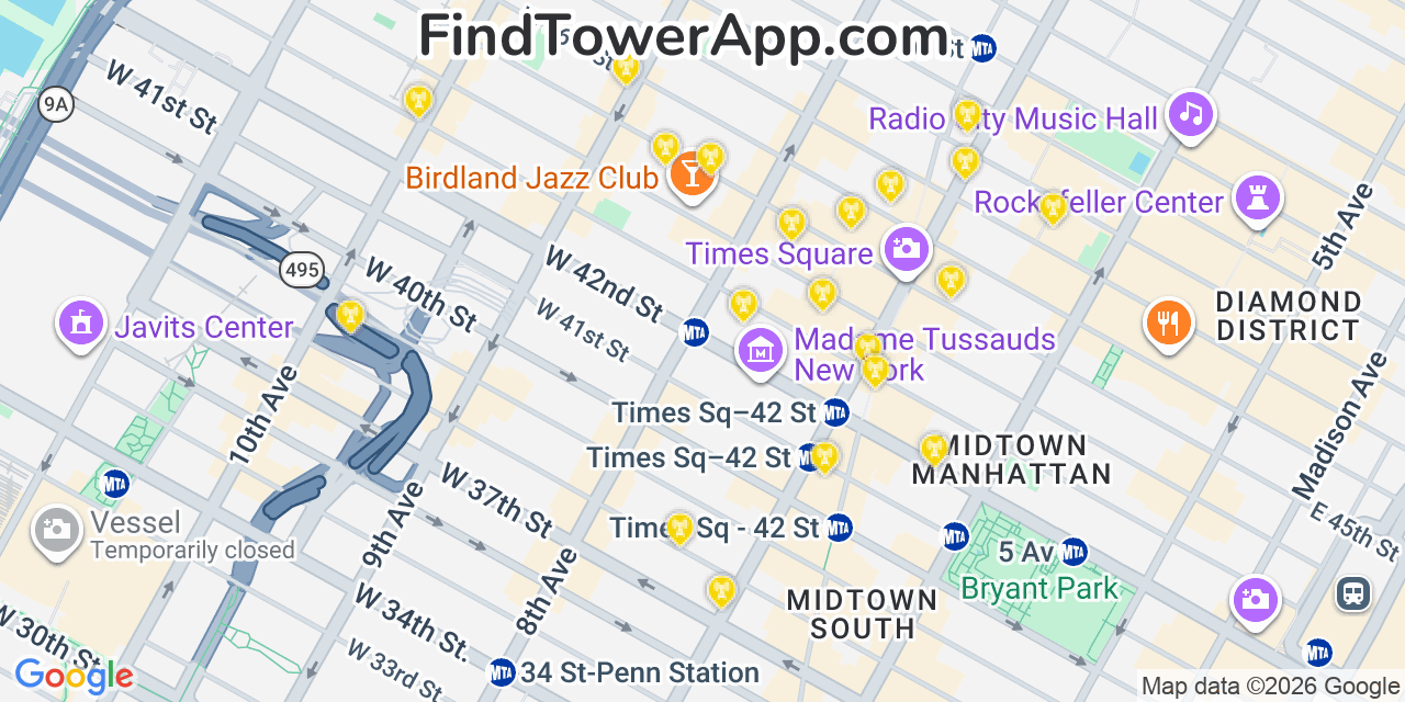Map showing the 20 primary cell tower locations detected in Hells Kitchen, New York from AT&T, Verizon, and T-Mobile networks