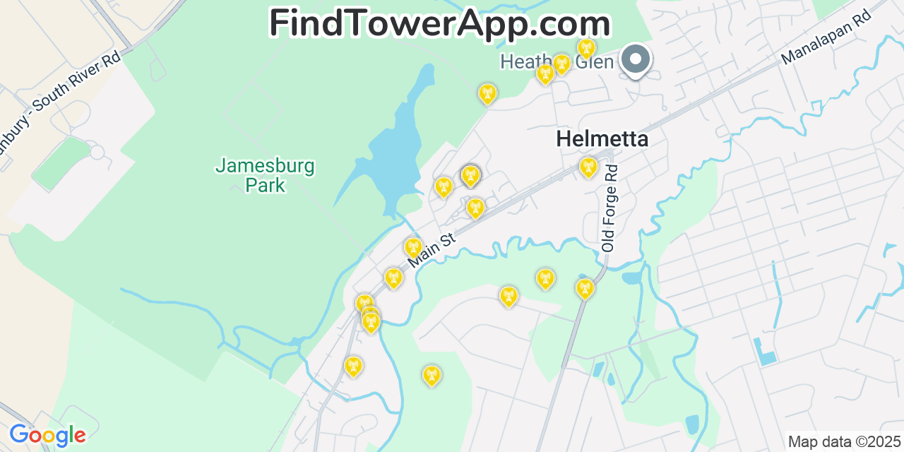 Map showing the 20 primary cell tower locations detected in Helmetta, New Jersey from AT&T, Verizon, and T-Mobile networks