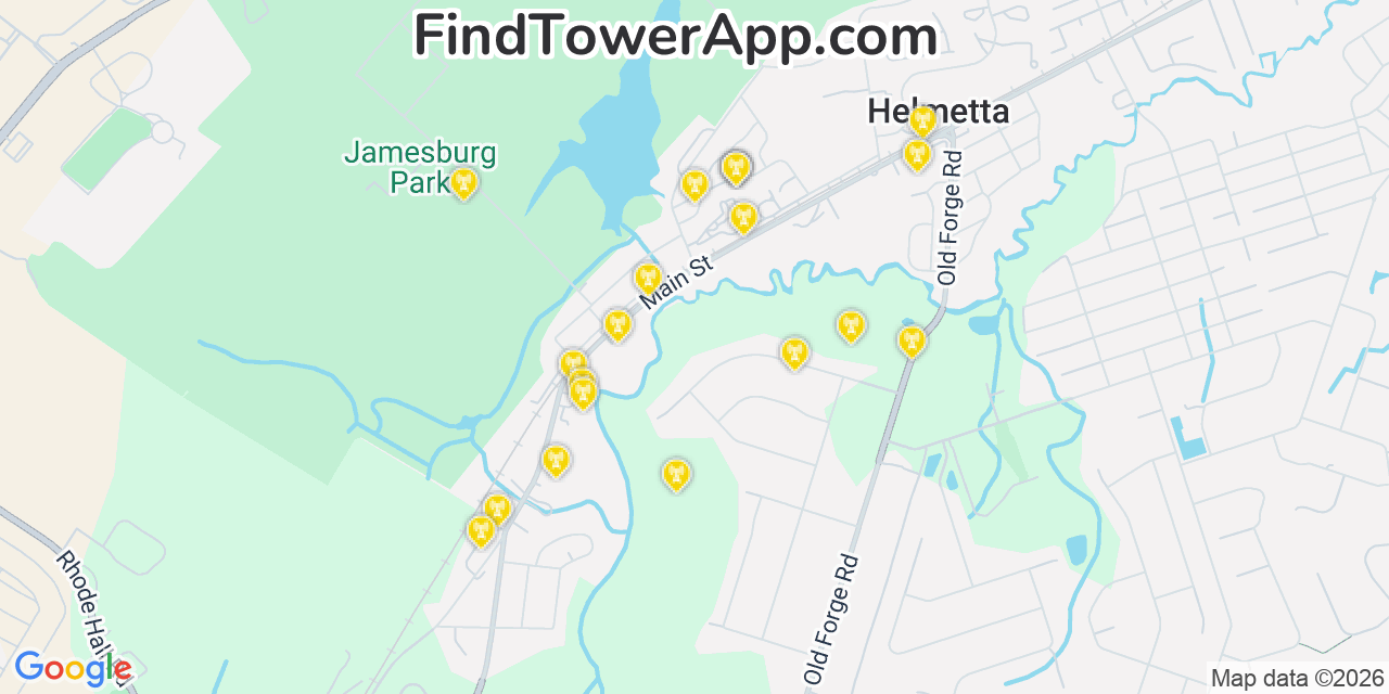Map showing the 20 primary cell tower locations detected in Helmetta, New Jersey from AT&T, Verizon, and T-Mobile networks