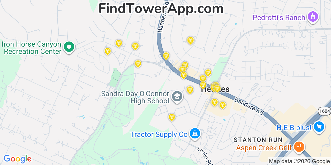 Map showing the 20 primary cell tower locations detected in Helotes, Texas from AT&T, Verizon, and T-Mobile networks