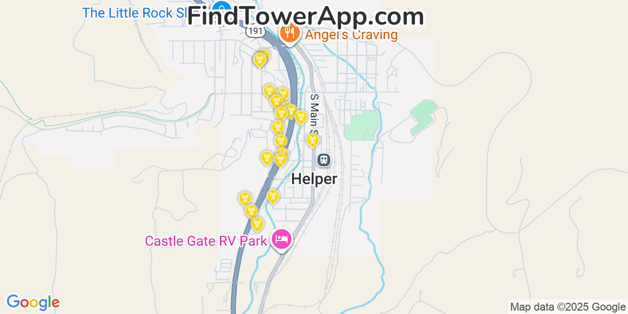 Map showing the 20 primary cell tower locations detected in Helper, Utah from AT&T, Verizon, and T-Mobile networks