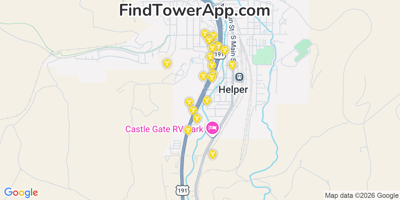 Map showing the 20 primary cell tower locations detected in Helper, Utah from AT&T, Verizon, and T-Mobile networks