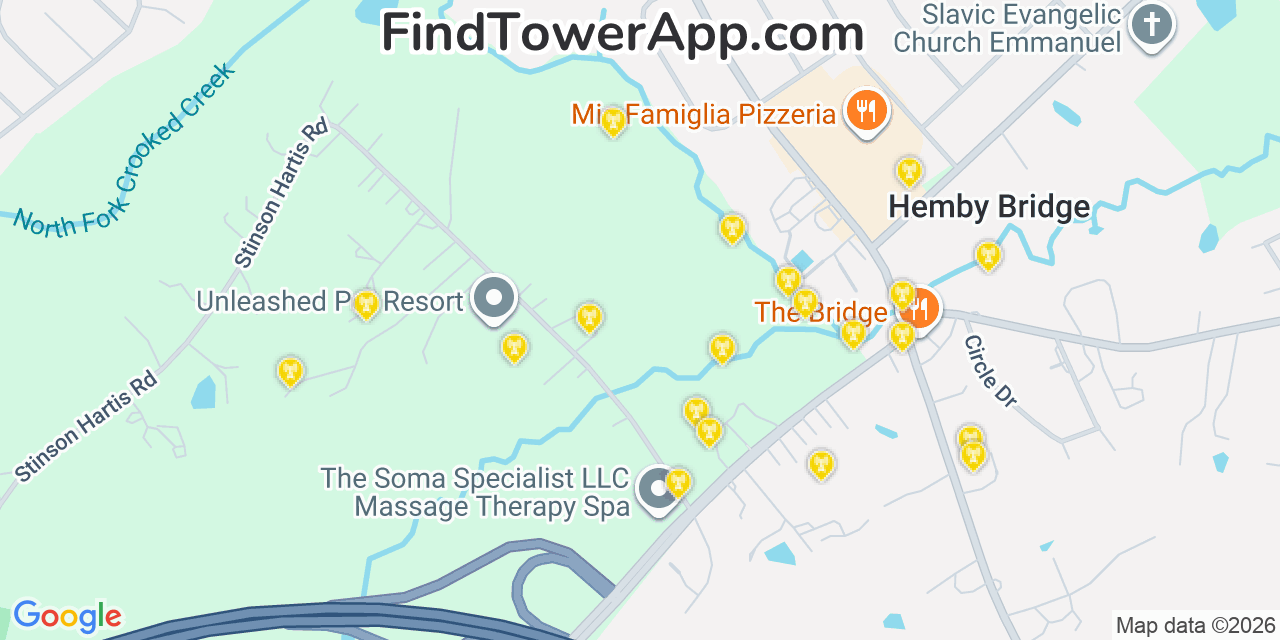 Map showing the 20 primary cell tower locations detected in Hemby Bridge, North Carolina from AT&T, Verizon, and T-Mobile networks