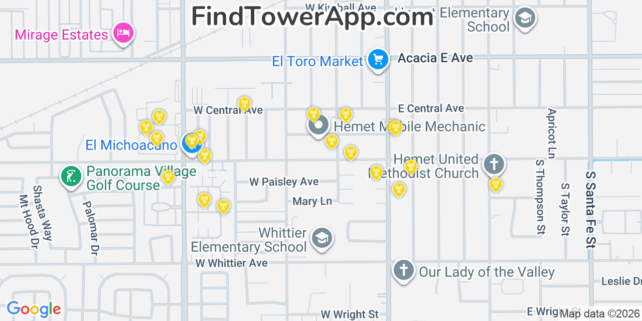 Map showing the 20 primary cell tower locations detected in Hemet, California from AT&T, Verizon, and T-Mobile networks