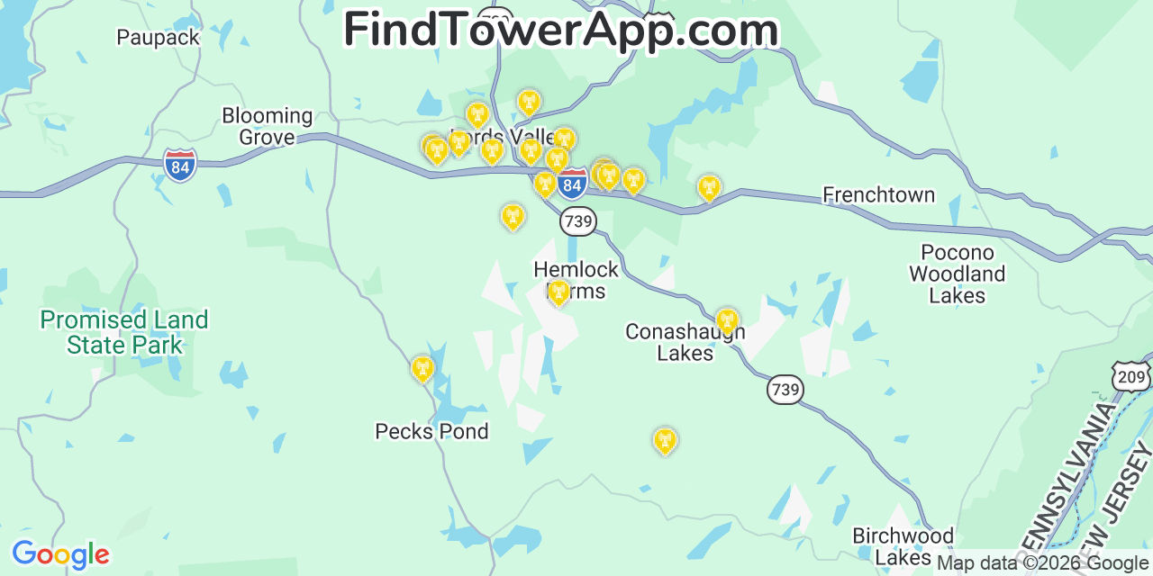 Map showing the 20 primary cell tower locations detected in Hemlock Farms, Pennsylvania from AT&T, Verizon, and T-Mobile networks
