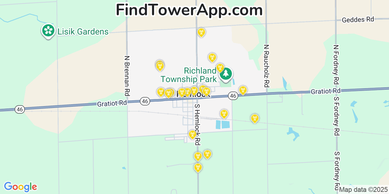 Map showing the 20 primary cell tower locations detected in Hemlock, Michigan from AT&T, Verizon, and T-Mobile networks
