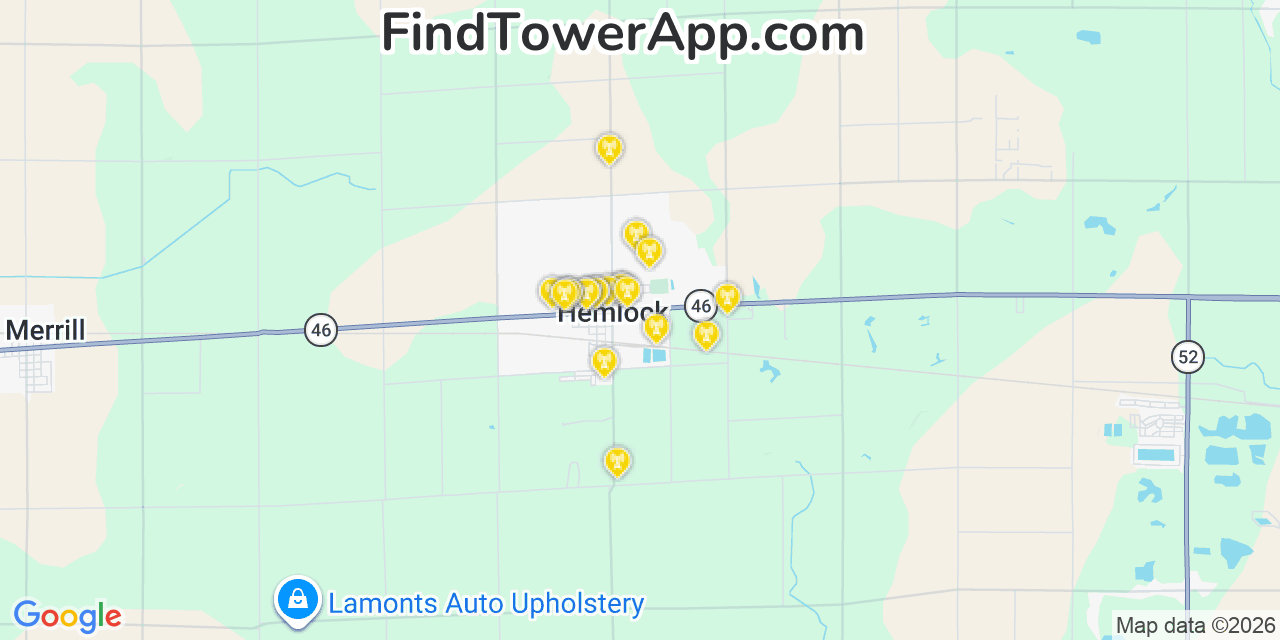 Map showing the 20 primary cell tower locations detected in Hemlock, Michigan from AT&T, Verizon, and T-Mobile networks