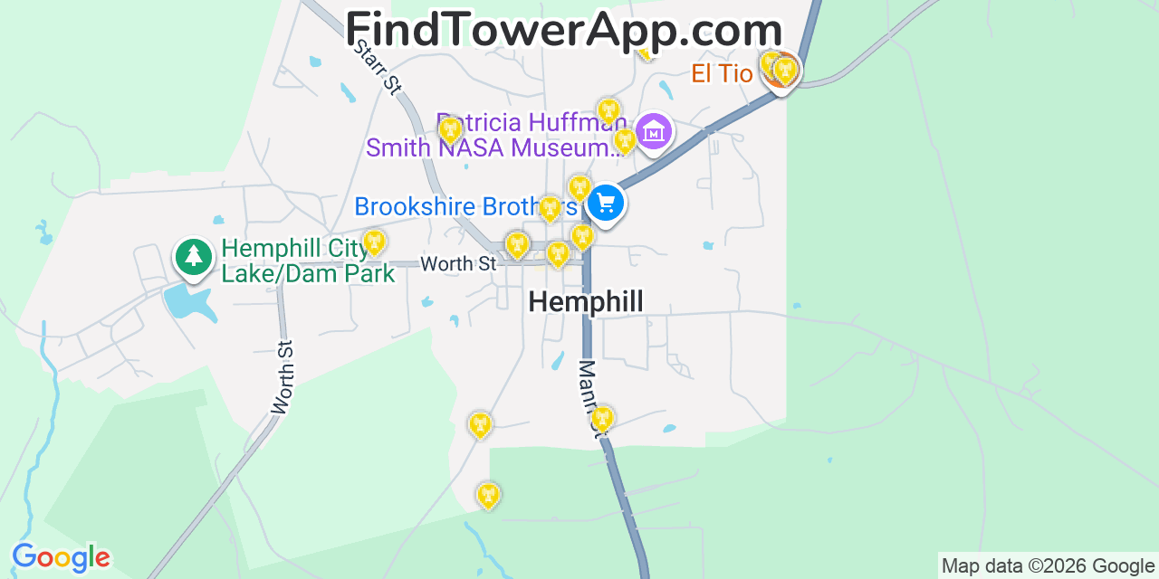 Map showing the 20 primary cell tower locations detected in Hemphill, Texas from AT&T, Verizon, and T-Mobile networks