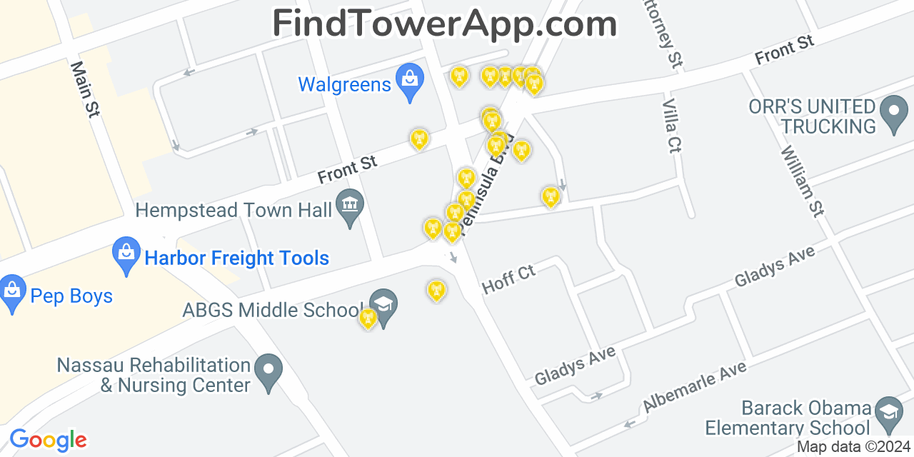 AT&T 4G/5G cell tower coverage map Hempstead, New York