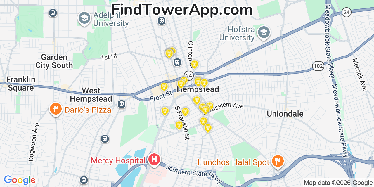 Map showing the 20 primary cell tower locations detected in Hempstead, New York from AT&T, Verizon, and T-Mobile networks