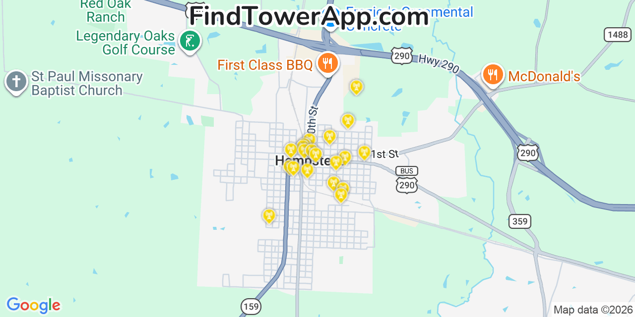 Map showing the 20 primary cell tower locations detected in Hempstead, Texas from AT&T, Verizon, and T-Mobile networks