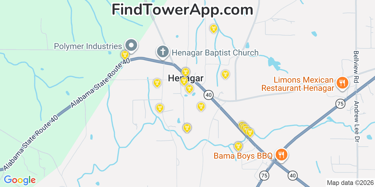 Map showing the 20 primary cell tower locations detected in Henagar, Alabama from AT&T, Verizon, and T-Mobile networks