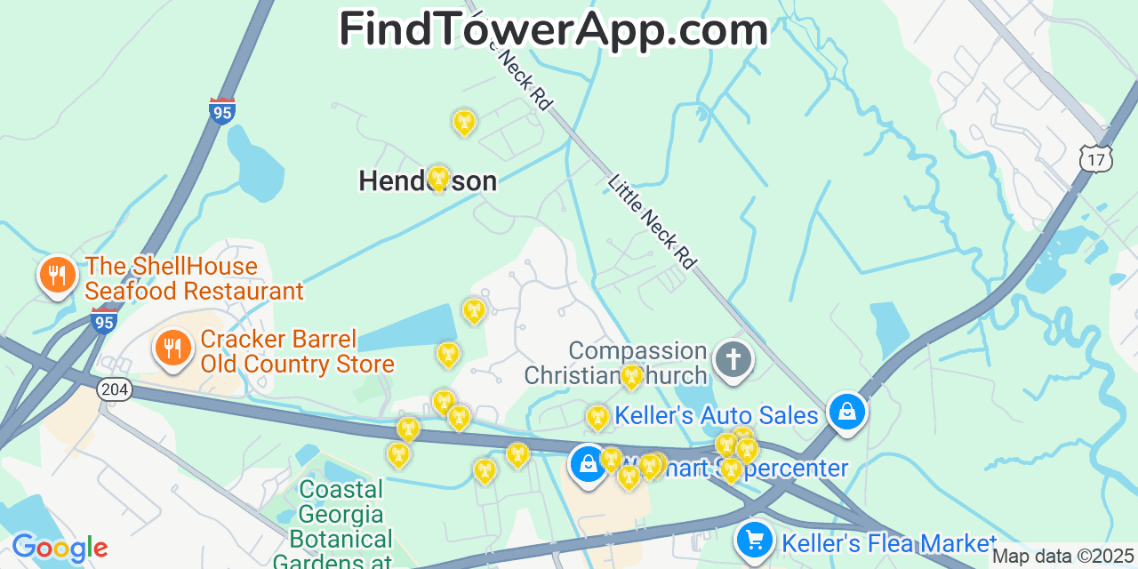 Map showing the 20 primary cell tower locations detected in Henderson, Georgia from AT&T, Verizon, and T-Mobile networks