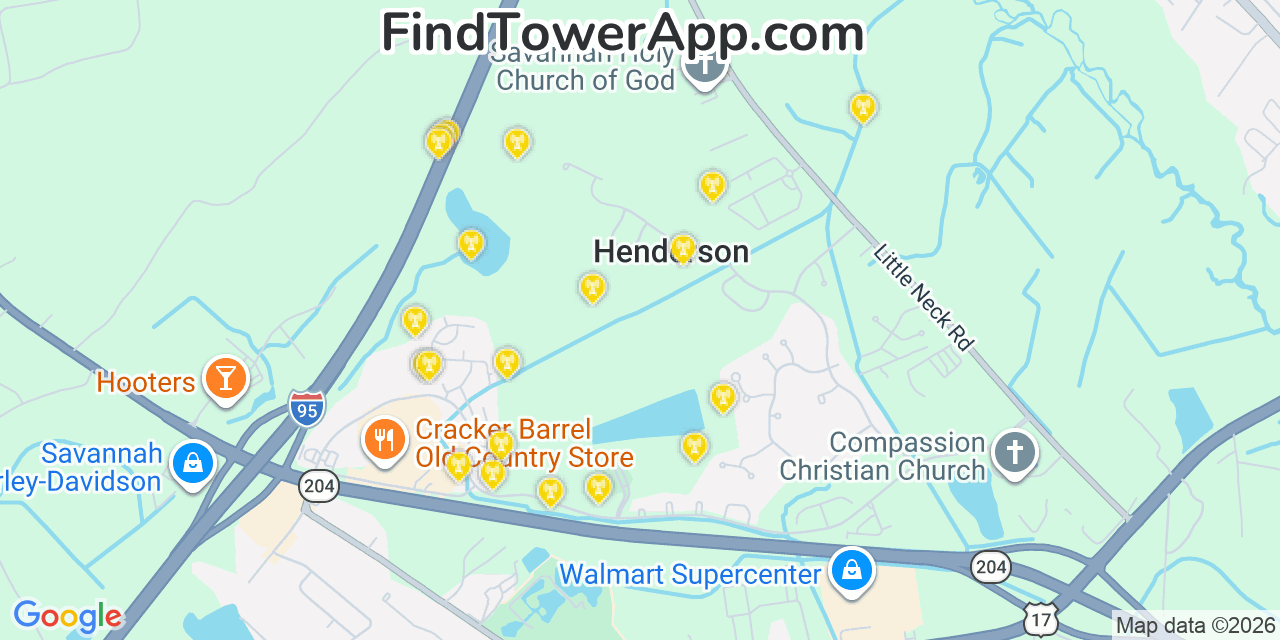Map showing the 20 primary cell tower locations detected in Henderson, Georgia from AT&T, Verizon, and T-Mobile networks