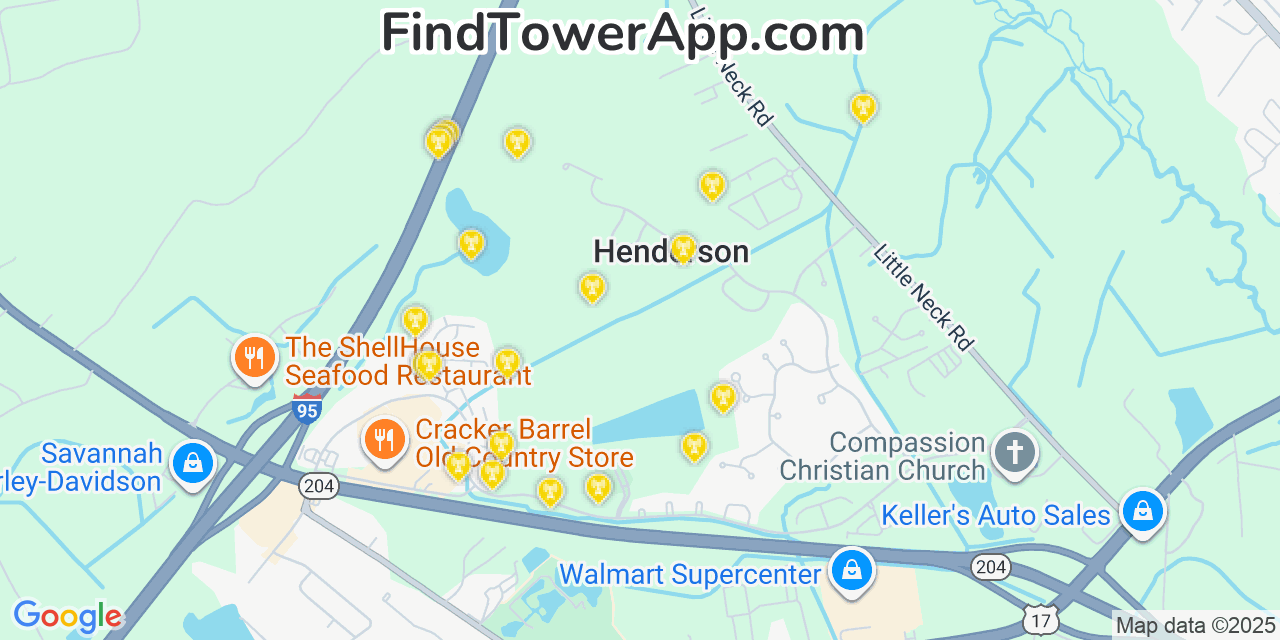 Map showing the 20 primary Mobitel cell tower locations detected in Henderson, Georgia with coverage radius and signal strength indicators