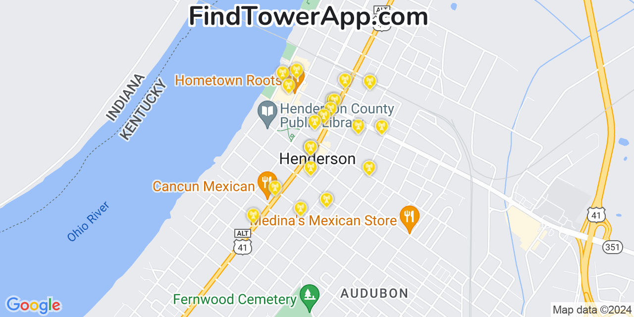 AT&T 4G/5G cell tower coverage map Henderson, Kentucky